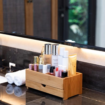GOBAM Bamboo Makeup Organizer and Storage with Drawer, Wooden Cosmetic Organizer Countertop for Bathroom, Bedroom, Kitchen & Dresser, Desk Organizer with Drawers and Make up Vanity Station - Medium