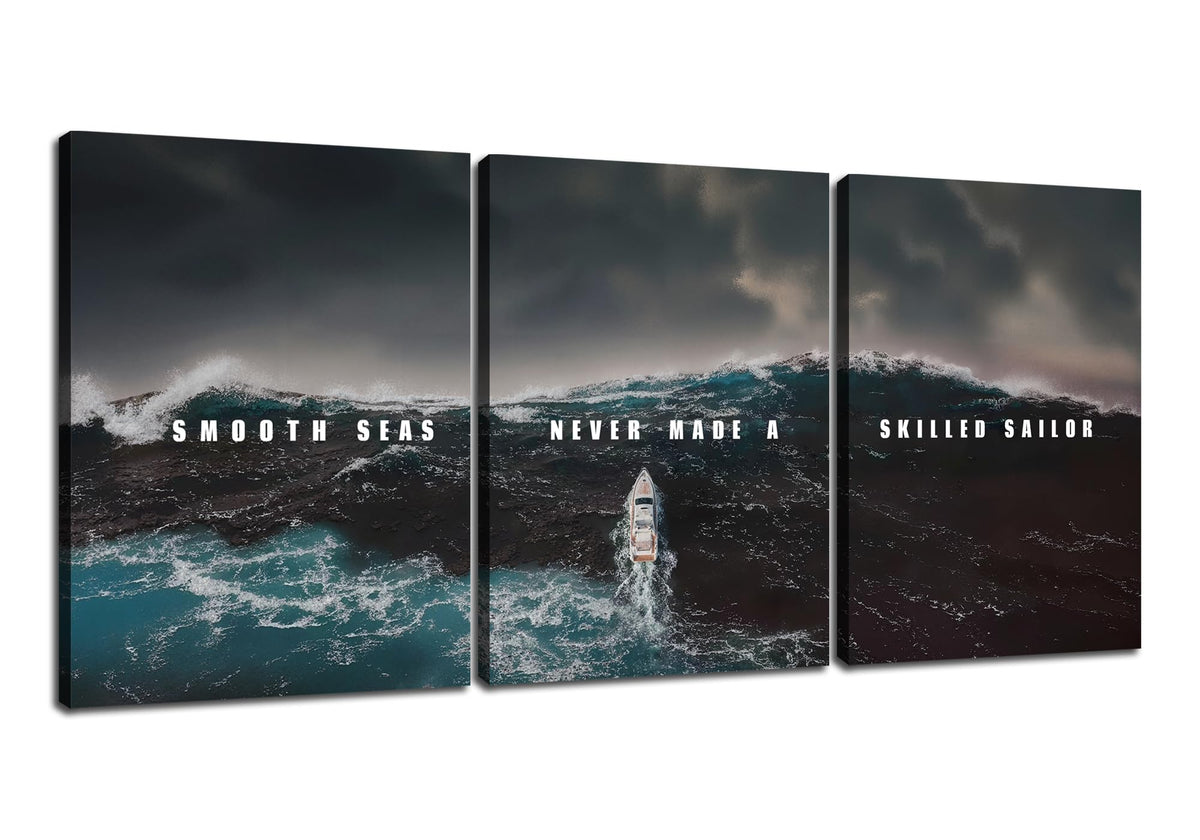 PSYYSP 3 Piece Canvas Wall Art Smooth Seas Never Made a Skilled Sailor Quote, Stormy Ocean Boat Triptych Wall Decor for Bedroom Office, Framed Canvas Prints Set 36x16 Inch