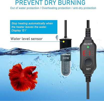 YukiHalu Super Mini Aquarium Heater, 10W 20W 30W Adjustable Fish Tank Heater with External Controller, Overheating Protection, Digital Display, Used for 0.5-3 Gallons(30 watts)