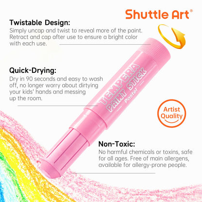 Shuttle Art Tempera Paint Sticks, 20 Pastel Colors, Solid Tempera Paint for Kids, Super Quick Drying, Works Great on Paper Wood Glass Ceramic Canvas