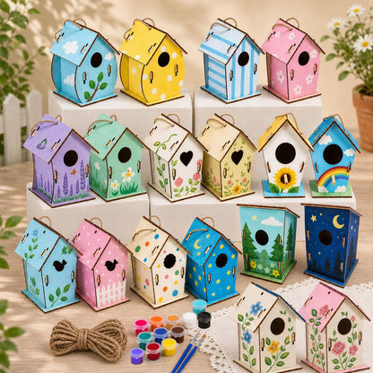 Bird House Kit, Wooden Bird Houses Craft Kits for Kids, 18 PCS DIY Painting Set with Paint Brushes Rope, Arts and Crafts for Kids Ages 6-12