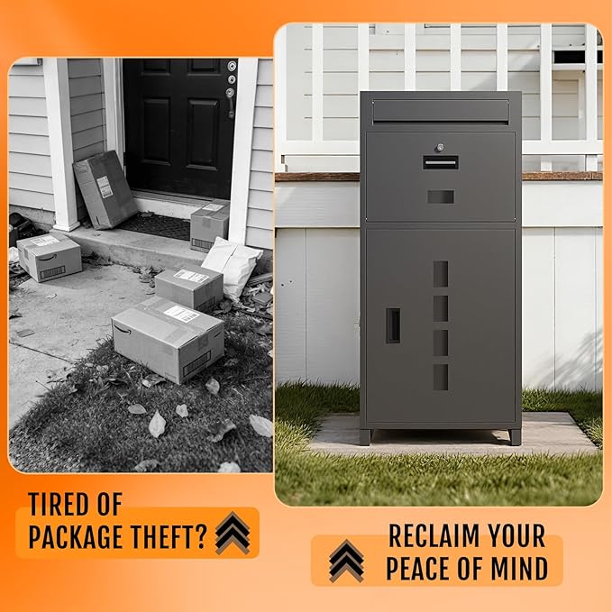 Package Delivery Boxes for Outside, 44.49''H Anti-Theft Porch Package Box with Lock & Mail Slot – Large Outdoor Parcel Drop Box, Waterproof Steel for Home, Fence, Curbside