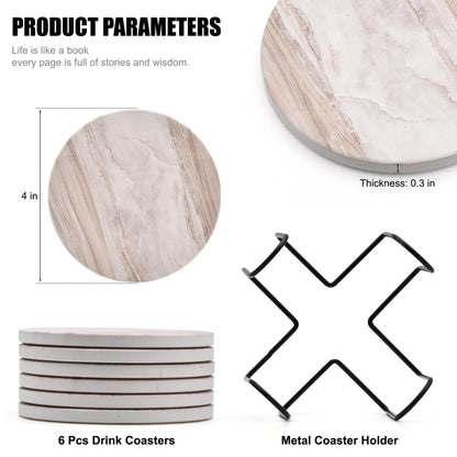 6Pcs Drink Coasters with Holder, Marble Style Ceramic Drink Coaster, Absorbent Coasters Set Suitable for Kinds of Cups, Modern Style Coasters for Coffee Table, 4 Inches