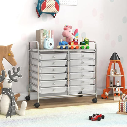 COSTWAY 12-Drawer Rolling Storage Cart, Utility Storage Organizer Cart for Tools, Scrapbook, Paper, Craft, Multipurpose Art Supply Organizer on Wheels for Home Office School, Teacher, Clear