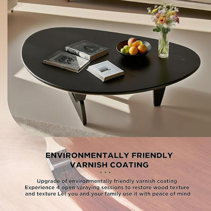 Solid Wood Triangle Coffee Table,Unique Mid Century Modern Oval Coffee Table,Irregular Geometric Tea Tables for Home Living Room with Wooden Tabletop and Reinforced Legs Black 50" L x 31" W x 16" H