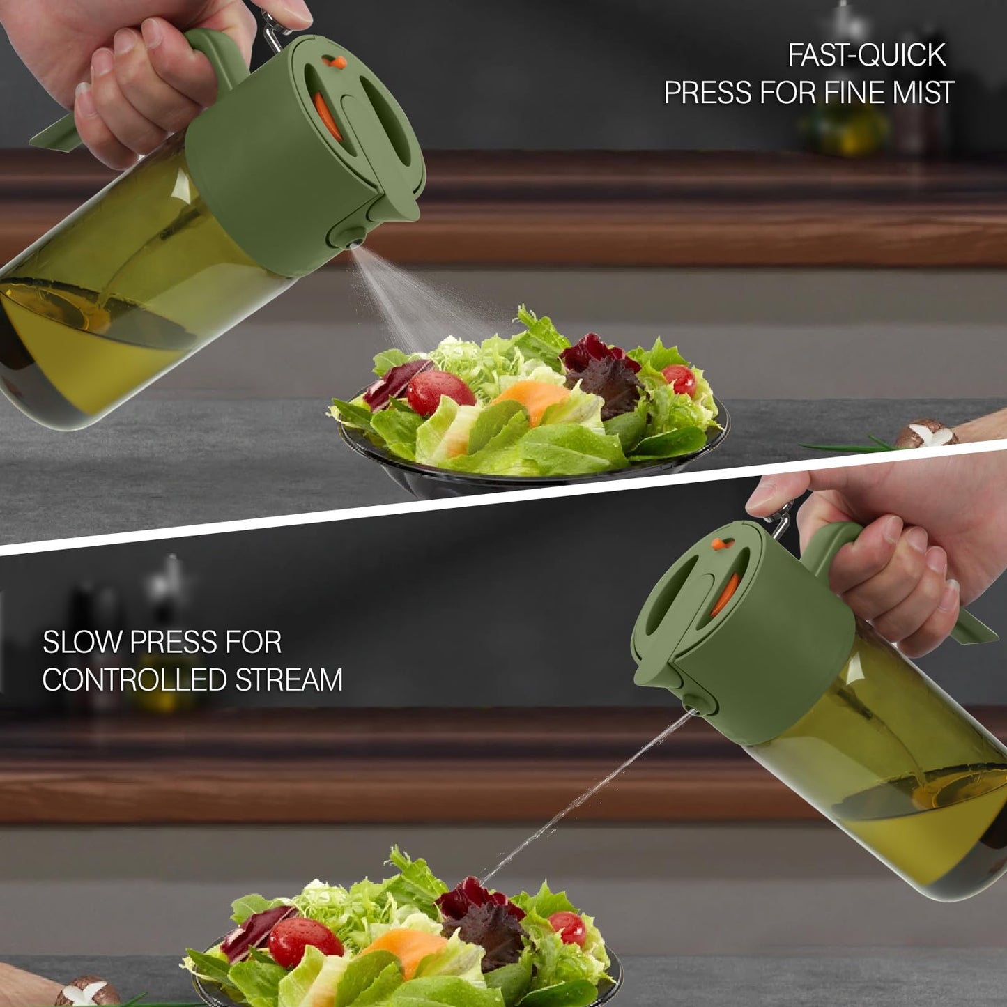 2-IN-1 500ml/17oz Light-Blocking Dark Oil Sprayer for Cooking with Sticker, Dark Green Glass Olive Oil Dispenser Bottle for Kitchen, Even Spray with Portion Control, Perfect for Air Fryer, BBQ - Black
