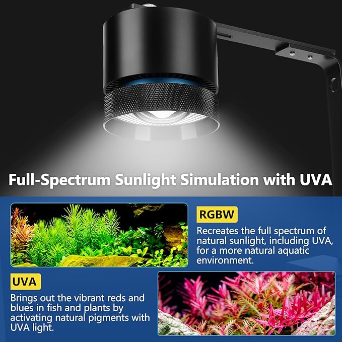 fishkeeper Aquarium Clip-On Stream Light with Auto Time Sync & 24/7, Full Spectrum LED Fish Tank Lights with 9 Colors, Set Any Timer & 1-100% Dimming, Adjustable Clamp for Freshwater Plants Tanks 100W