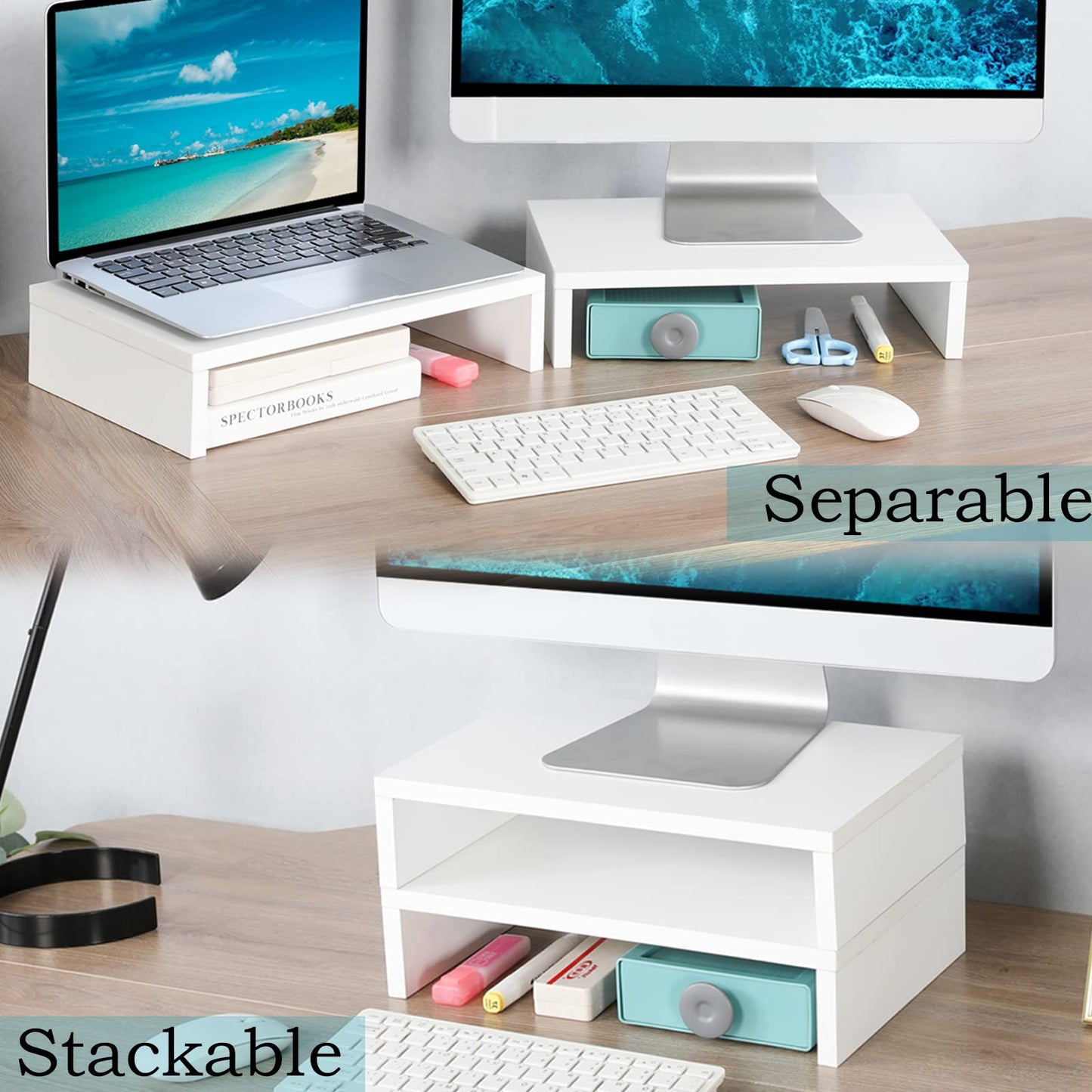 TEAMIX 2 Tier White Wooden Laptop Stand and 2 Pack White Monitor Stand Riser for Computer Desk Home Office Organization.
