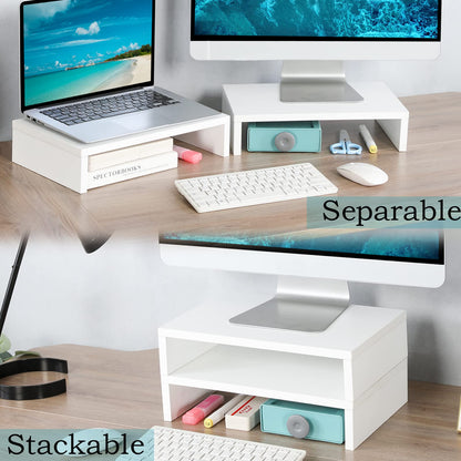 TEAMIX 2 Tier White Wooden Laptop Stand and 2 Pack White Monitor Stand Riser for Computer Desk Home Office Organization.