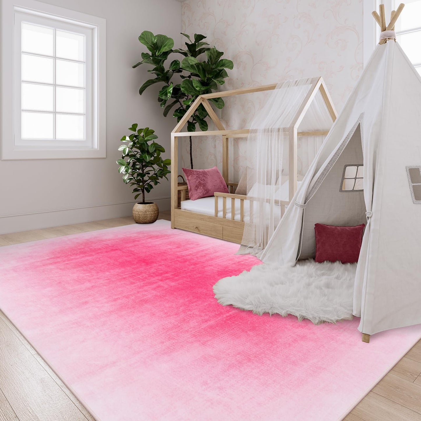 8x10 Area Rugs, Hot Pink Rugs for Living Room Bedroom Girls, Contemporary Ombre Carpet Large Washable Rug Non-Slip Soft Nursery Rug for Playroom, Kid Room, Dining Room