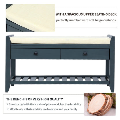 SPOFLYINN Shoe Bench, Entryway Storage Benches with Cushion Seating and Storage Drawers, Multipurpose Wooden Shoe Bench with Bottom Shelf for Entryway Hallway Living Room Bedroom Antique Navy