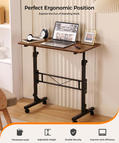 KLSMYHOKI Portable Standing Desk Adjustable Height, Small Computer, Laptop, Mobile Stand Up Rolling Desk with Wheels, Table for Home Office, 16"x31.5" Height 27"-43.5", White