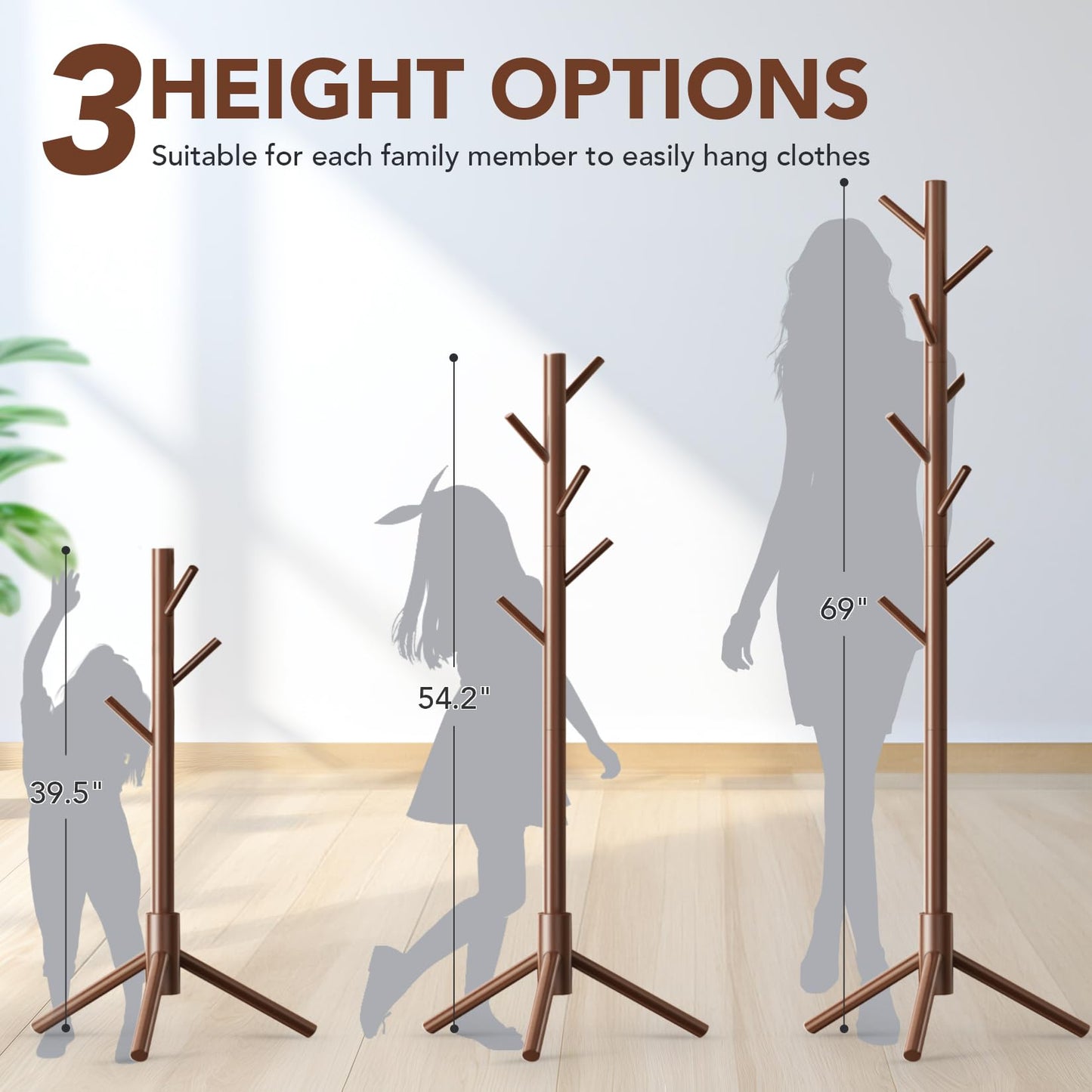 OUTGAVA Wooden Coat Rack Freestanding with 8 Hooks,Easy Assembly New Zealand Pine Tree Coat Racks, 3 Adjustable Sizes for Clothes, Hats, Bags, for Entryway, Hallway, Bedroom, Office (Brown, 1 PC)