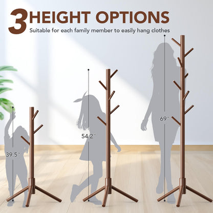 OUTGAVA Wooden Coat Rack Freestanding with 8 Hooks,Easy Assembly New Zealand Pine Tree Coat Racks, 3 Adjustable Sizes for Clothes, Hats, Bags, for Entryway, Hallway, Bedroom, Office (Brown, 1 PC)