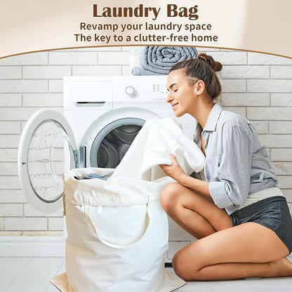 Canvas Laundry Bag with Handles & Drawstring Closure 27.5”Wx35"H, Thick Laundry