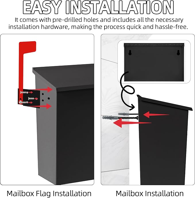 TonGass Wall Mount Mailbox for Outside, Metal Wall Mounted Mailbox with Flag and Number Stickers, Large Capacity Mail Box for House, Carbon Steel, Front Access, 15.74"x9.44"x4.72" - Black
