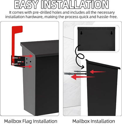 TonGass Wall Mount Mailbox for Outside, Metal Wall Mounted Mailbox with Flag and Number Stickers, Large Capacity Mail Box for House, Carbon Steel, Front Access, 15.74"x9.44"x4.72" - Black