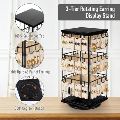 360 Rotating Earring Display Holder Stand for Vendors Events Selling, Large Capacity 48 Hooks Jewelry Display Rack with Wooden Base for Earring Card Sales, Necklaces, Enhances Retail Visibility