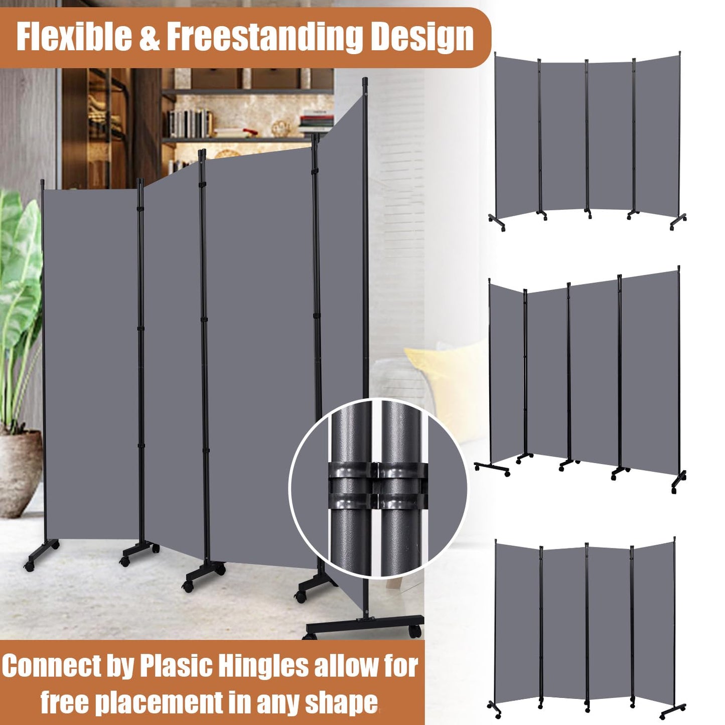 Room Divider Portable 88'' Partition Room Dividers and Folding Privacy Screens 4 Panel Wall Divider for Room Separation，Freestanding Fabric Room Divider Panel with Wheels for Home Office Hospital