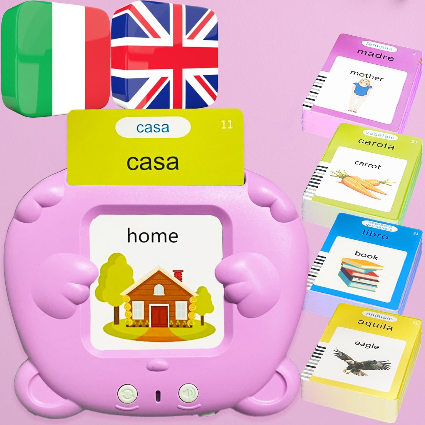 MoLingvora Bilingual Talking Flash Cards for Kids - Italiano Italian English Flashcards Children Adults, 510 Sight Words, ABC Alphabet, Pocket Speech for Toddlers, Audible Sensory Toys (Italian, Pink)