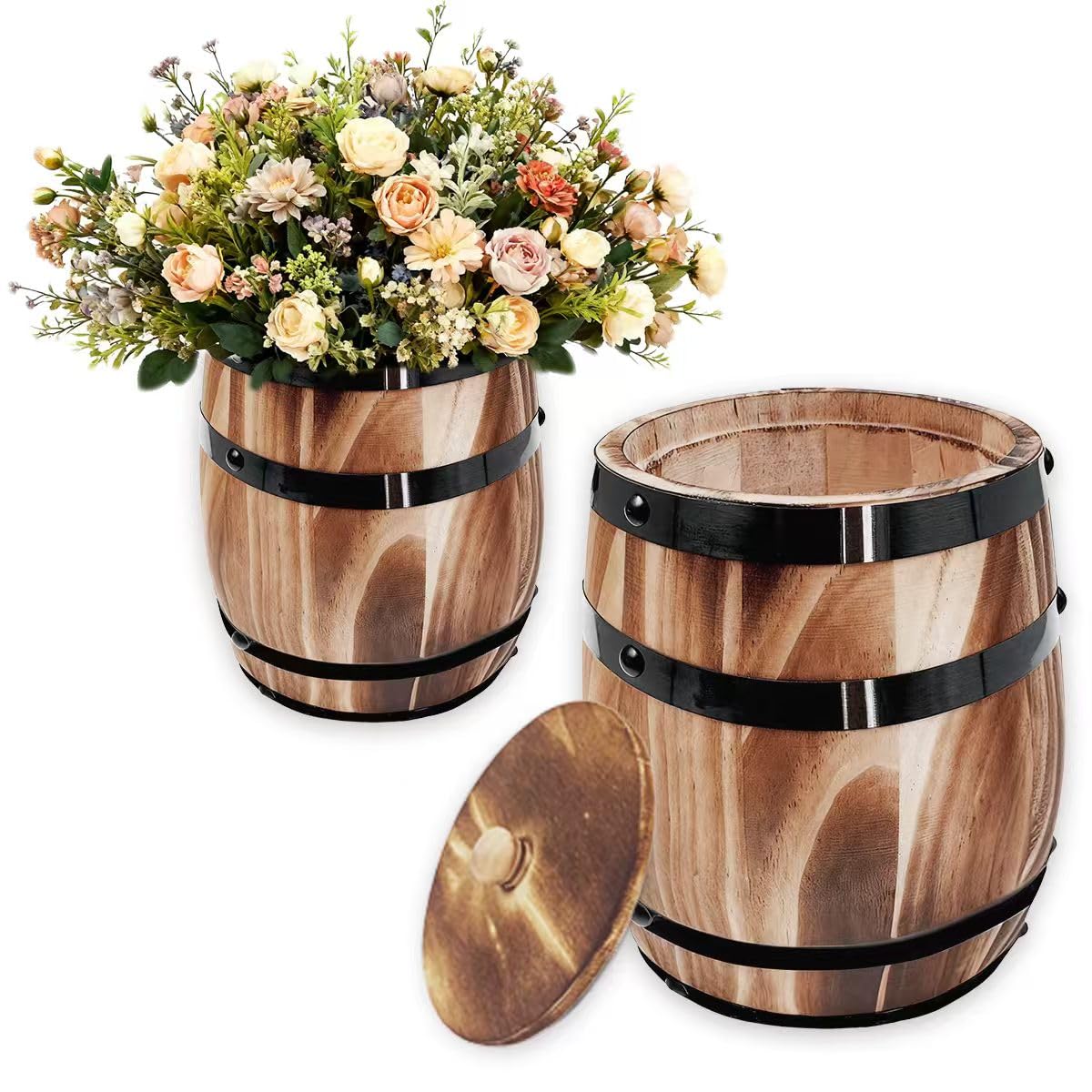 Sunmuliiiy1Pcs Wood Wine Barrel Vase 8" x 6.5" Rustic Wooden Flower Vase Rustic Barrel Barrel Planter for Wedding Reception Table Decoration Home Indoor Outdoor Garden, Kitchen, Party Table Decoration