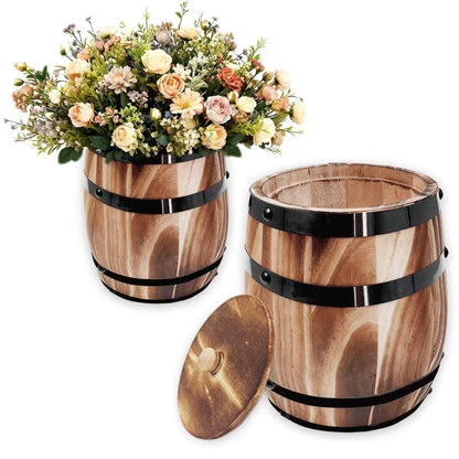 Sunmuliiiy1Pcs Wood Wine Barrel Vase 8" x 6.5" Rustic Wooden Flower Vase Rustic Barrel Barrel Planter for Wedding Reception Table Decoration Home Indoor Outdoor Garden, Kitchen, Party Table Decoration