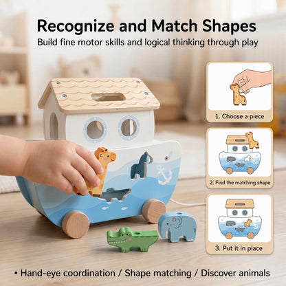 Thirrni Wooden Noah’s Ark Toy for Toddlers 1-3, Montessori Animal Shape Sorter with 8 Pairs of Animals, Noah Figures, Rainbow, Ladder and Lacing Rope, Baptism Birthday Christian Gift for Boys Girls