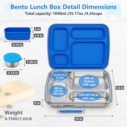 Zeekala Stainless Steel Bento Lunch Box for Kids & Adults, 4 Compartment Kids Lunch Box, Metal Bento Box with Silicone Container and Stainless Steel Sauce Container,BPA-Free,School,Office(Blue)