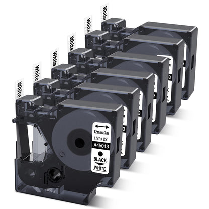 6-Pack Compatible with Dymo D1 Label Tape 45013 1/2 Inch x 23 Ft Replace for DYMO Label Maker Refills d1 a45013 S0720530 Black on White 45013s for LabelManager 160 280 210D 360D 420P PnP
