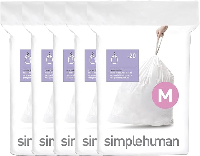 simplehuman Code M 100 Count, Dispenser Pack Custom Fit Liners, Drawstring