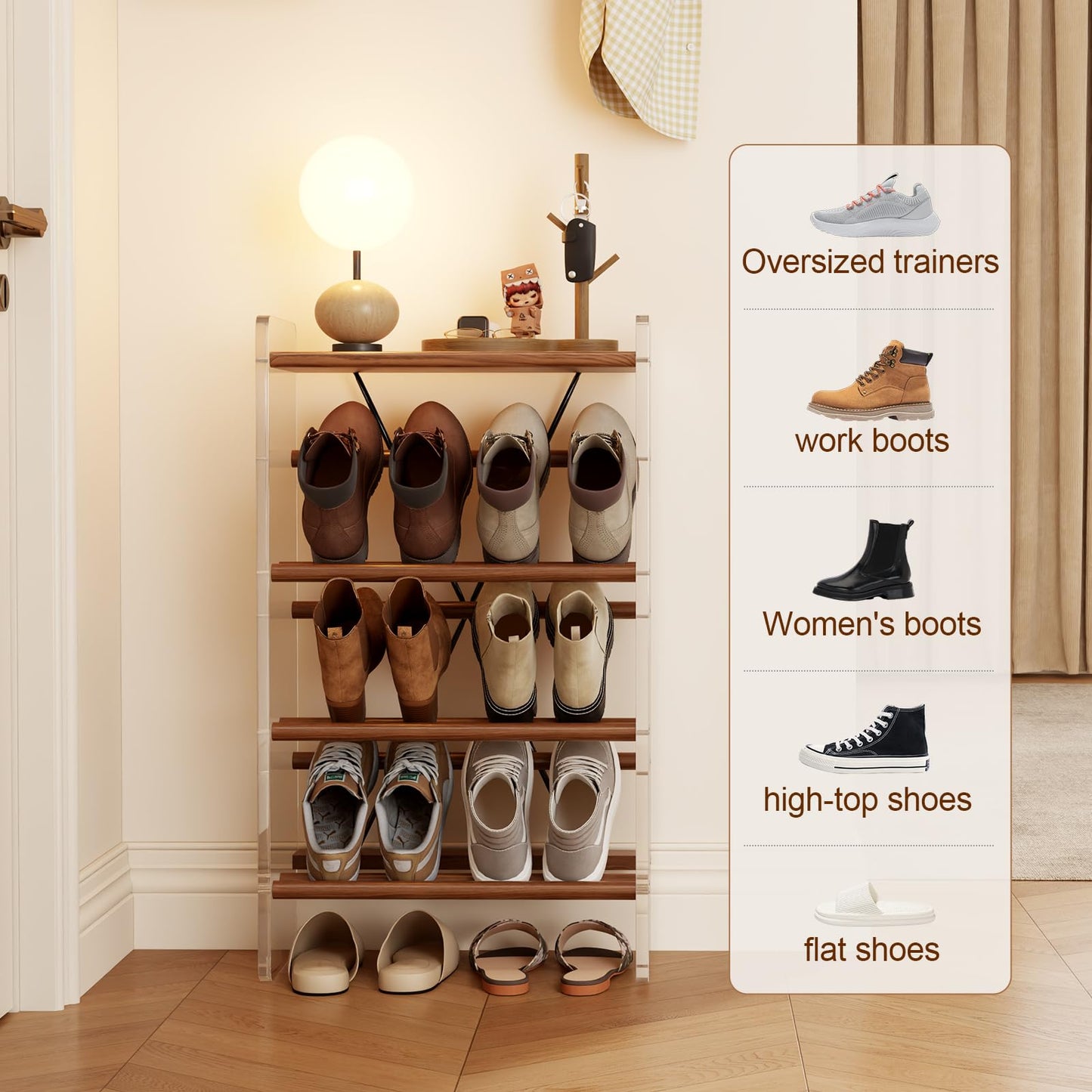 YQJJGL Shoe Rack, 4-Tier Slanted Shoe Shelf with Wooden Top Panel, Solid Wood and Acrylic Shoe Organizer Rack, Shoe Storage Rack Ideal for Entryway, Bedroom, Closet and Living Room (Walnut 19.5" W)
