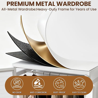 Metal Armoire Wardrobe Closet, 71" Clothing Storage Cabinets with Adjustable Hanging Rod, Louvered Doors, 2 Side Hooks & 2 Adjustable Shelves - Closet Cabinet for Bedroom, Laundry Room, Cloak Room