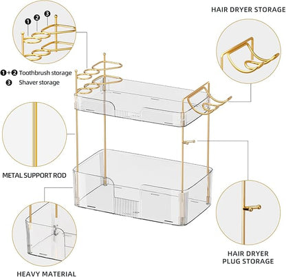 shuang qing 2 Tier Bathroom Counter Organizer with Hair Dryer Holder, Hair Tool Countertop Storage, Cosmetics Skincare Shelf Organizer, Makeup Organizer Perfume for Dresser Vanity Tray - White