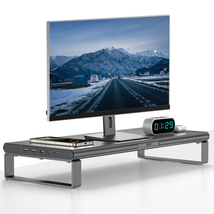 JINRAIKO Monitor Stand with Docking Station, Aluminum Monitor Riser with 6-in-1 Docking Station: 4K HDMI, USB-C, USB 3.0, PD 100W, Wireless Charging,Metal Desk Stand with Storage-Silver Gray