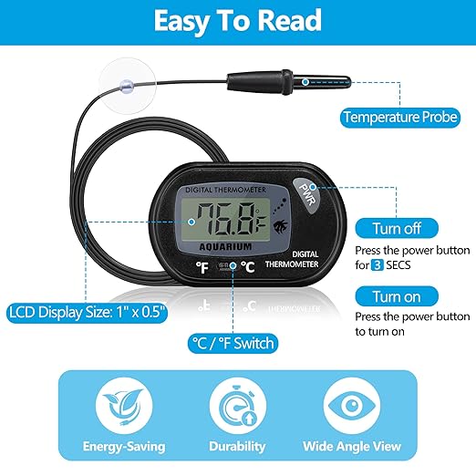 DaToo Aquarium Thermometer with Large LCD Display Fahrenheit/Celsius(℉/℃) Fish Tank Thermometer for Aquarium Reptile Terrarium Digital Water Thermometer with Suction Cup(2 Pack)