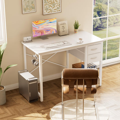 Sweetcrispy 47 Inch Computer Desk with Drawers, Home Office Gaming Desk with X-Shaped Reinforcement, Modern Wood Study Work Table with Side Hook, White