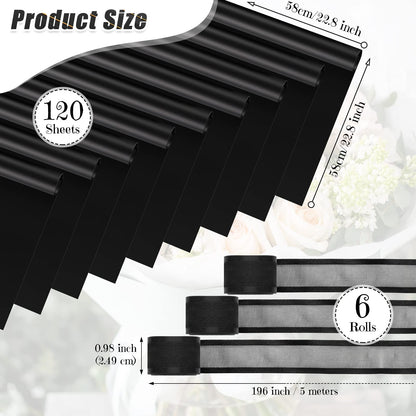 Sabary 120 Sheets Flower Wrapping Paper Bouquet Pure Color Waterproof Floral Packaging Paper with 196 Inch Ribbon Florist Bouquet Supplies for Wedding Birthday DIY, 22.8 x 22.8 Inch(Black)