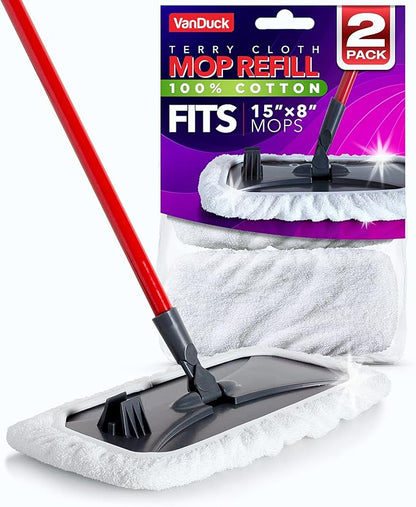VanDuck 100% Cotton Pad Terry Cloth Mop Refills 15x8 inches, 2 Pack