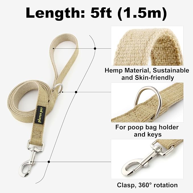 Plutus Pet Cotton Hemp Dog Collar and Leash Set, Adjustable Collar for Small, Medium, and Large Dogs, Heavy Duty and Soft on Skin, Khaki, XS