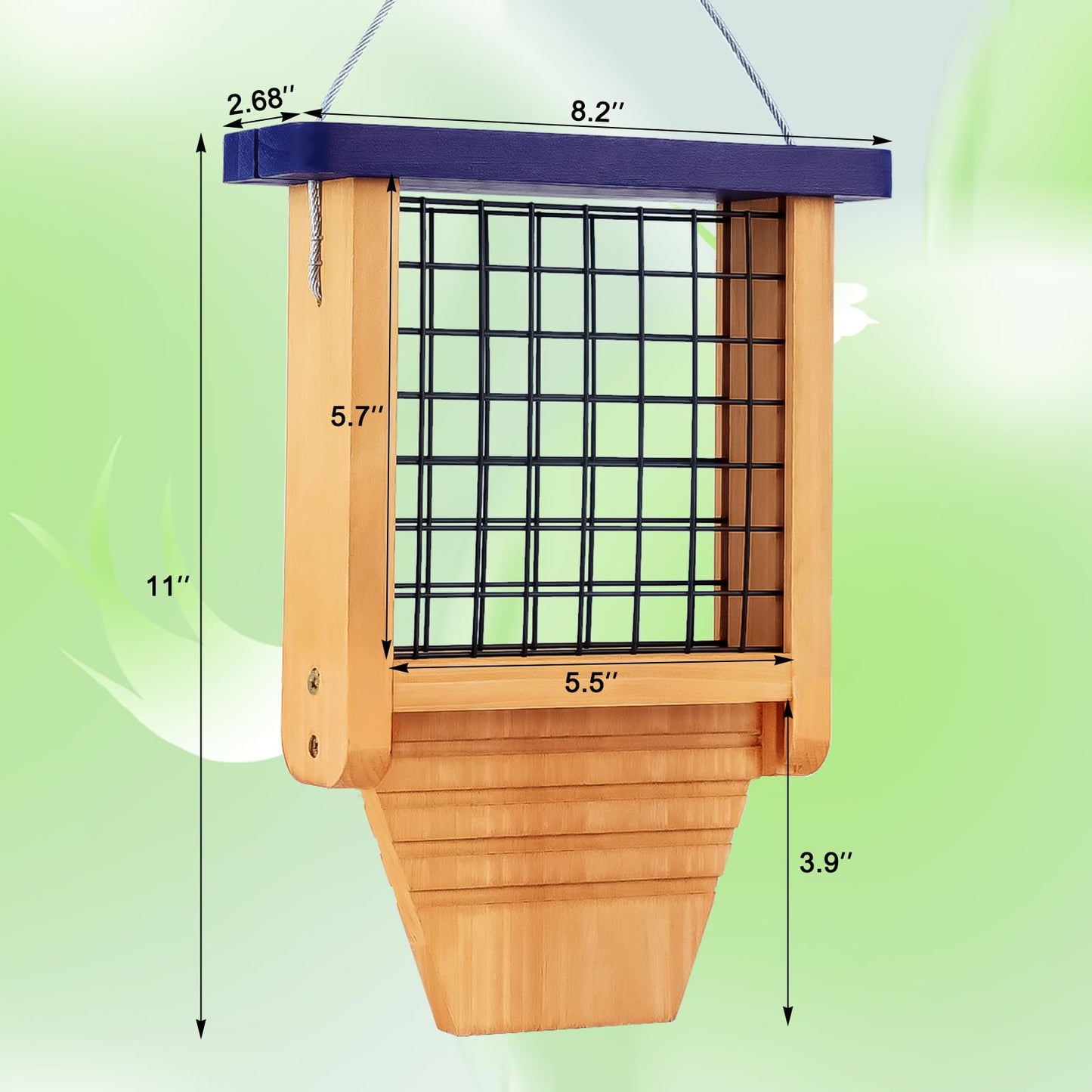 Gbekery Wooden Suet Bird Feeder for Outside Hanging, Woodpecker Suet Feeder with Tail Prop, Hanging Bird Feeder for Wild Birds, 1 Pack, Blue
