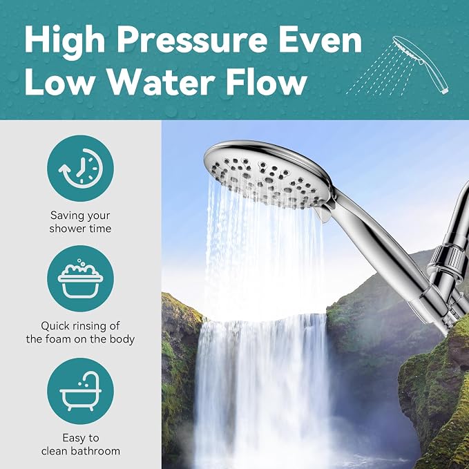 High Pressure Shower Head with Handheld, JDO 6 Spray Settings Handheld Showerhead, 4.3" High Flow Rain Showerhead Set with 59" Stainless Steel Hose and Adjustable Bracket for Bathroom, Gym, Hotel