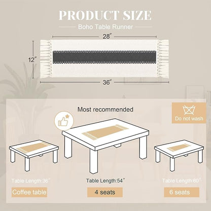 FEXIA Boho Table Runner for Summer Home Decor with Tassels 36 Inches Long Farmhouse Grey Rustic Burlap Table Runner Macrame Table Decoration for Kitchen Bedroom Living Room (12x36 Inches)