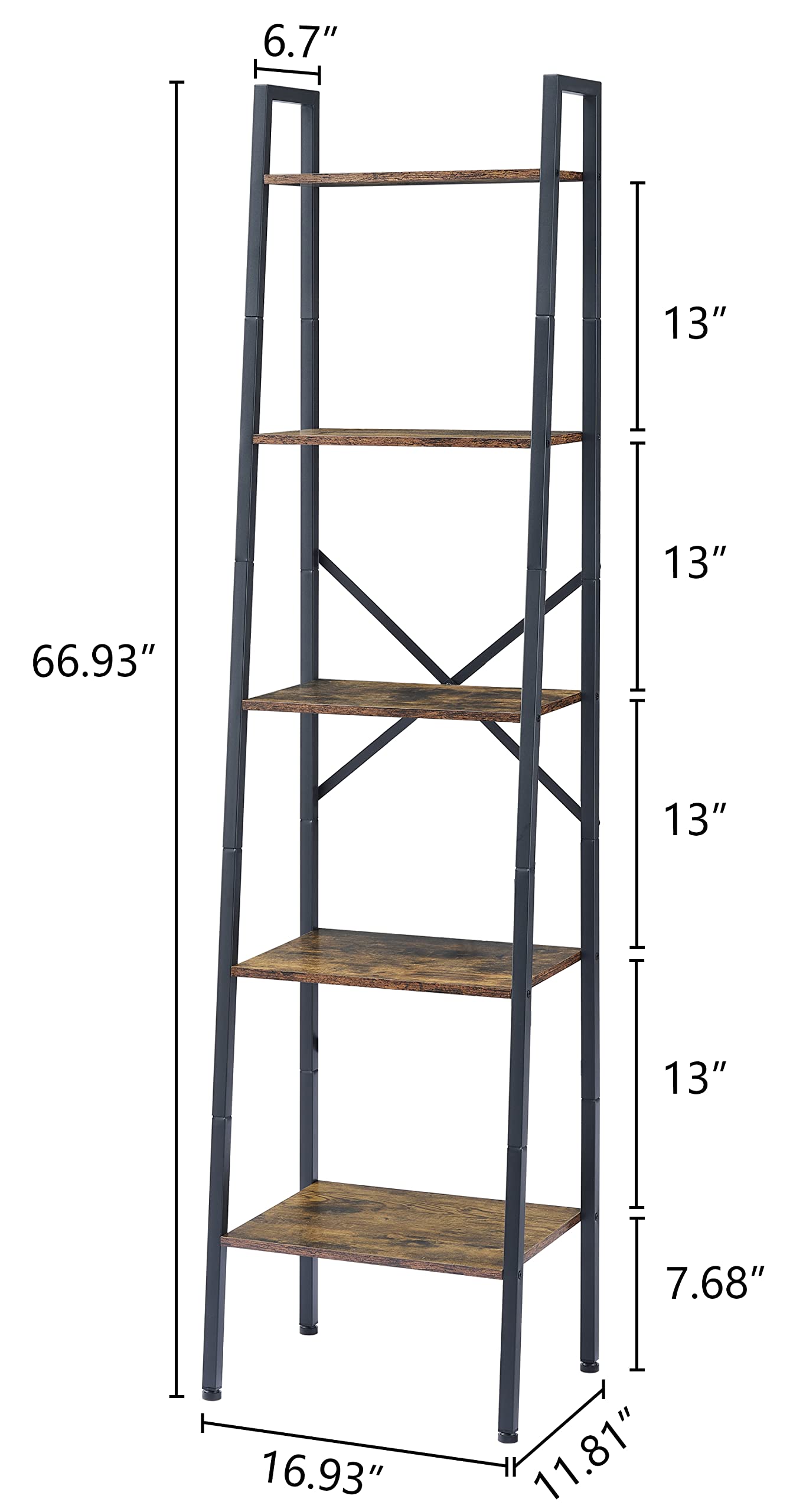 Hoctieon Industrial Ladder Bookshelf, Multifunctional Ladder Shelf, 5-Tier Tall Bookshelf, Open Ladder Shelf Bookcase, for Living Room, Home Office, Kitchen, Bedroom, Metal Frame, Rustic Brown