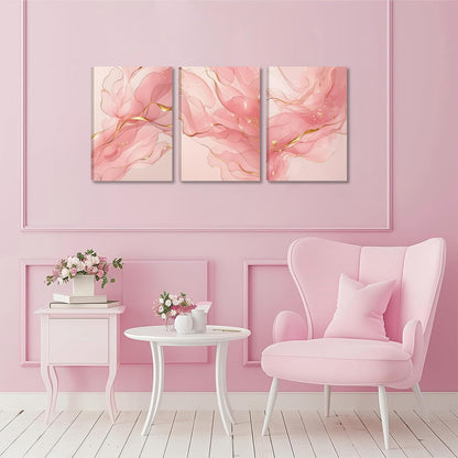 Fetyiu 3 Piece Pink Canvas Wall Art Pink And Gold Abstract Art Prints Modern Minimalist Pictures Wall Decor Marble Paintings Artwork for Living Room Bedroom Bathroom Office 12x16in Framed