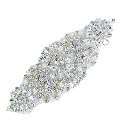 ShiDianYi Rhinestone and Pearl Beaded Applique for Bridal sash, Wedding Headband Wedding Belst Bridal Sash Silver Rhinestone Applique