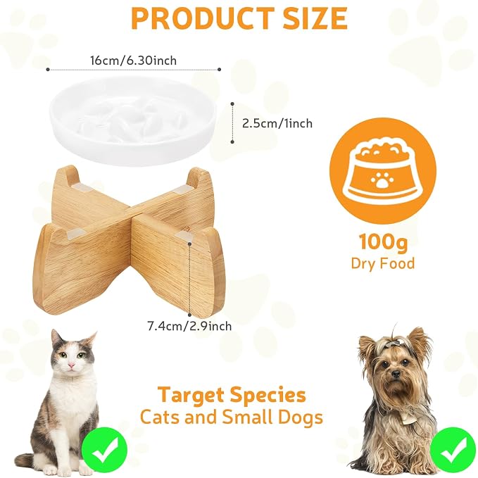 Raised Ceramic Slow Feeder Cat Bowl 6.3" Wide with Stand (1 Pack) | Anti-Gulping & Keep Fit, Dishwasher Safe, For Dry and Wet Food, For Cats and Small Dogs, Shallow Bottom Puzzle Feeder