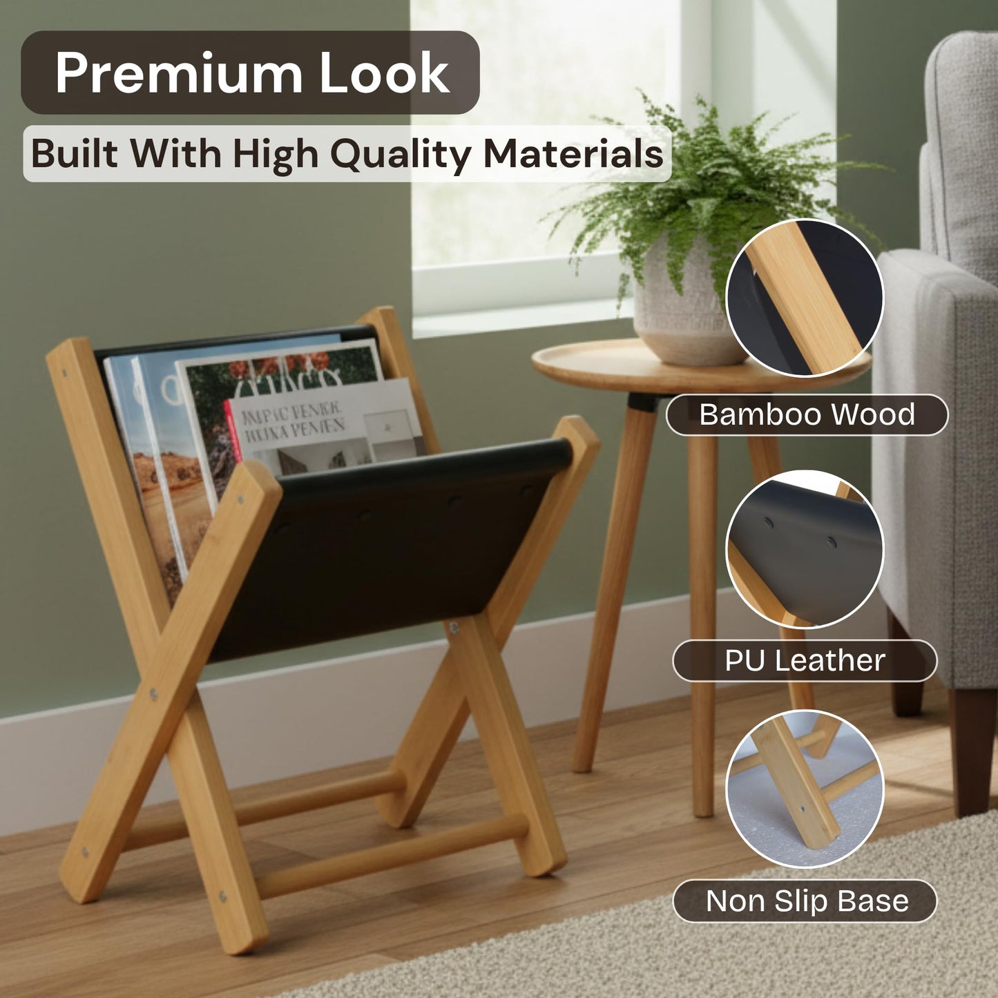 Craftilux Premium Leather Magazine Holder - Wooden Magazine Rack Floor Standing - Brochure Holder and Book Display Stand - Modern Magazine File Holder & Newspaper Rack for Home, Bathroom, Office Decor