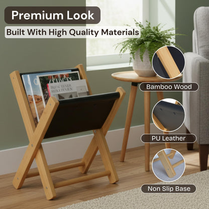 Craftilux Premium Leather Magazine Holder - Wooden Magazine Rack Floor Standing - Brochure Holder and Book Display Stand - Modern Magazine File Holder & Newspaper Rack for Home, Bathroom, Office Decor