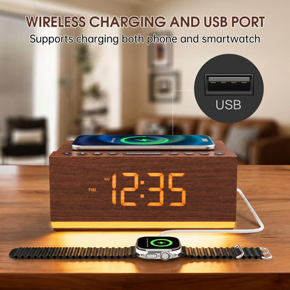 Hoifen Wooden Digital Alarm Clock with Bluetooth Speaker, Wireless Charging, FM Radio, Night Light, Auto Time Sync, Dual Alarms, USB Port, 9-Min Snooze for Bedroom, Desk, Bedside Clock Home Decor Gift
