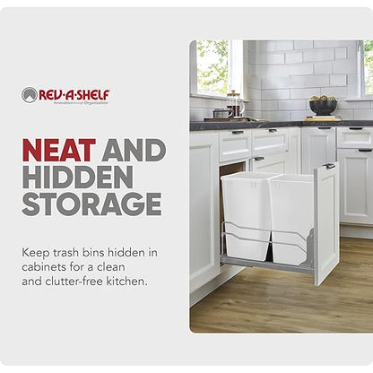Rev-A-Shelf Double 35 Qt Pullout Trash Cans with Soft-Close for Under Kitchen Cabinets, Min Opening Width of 14.5", White, 53WC-1835SCDM-211